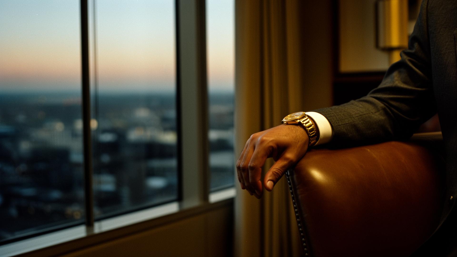 Hand of a man in a charcoal suit and gold watch resting on a leather chair beside a window at dusk.