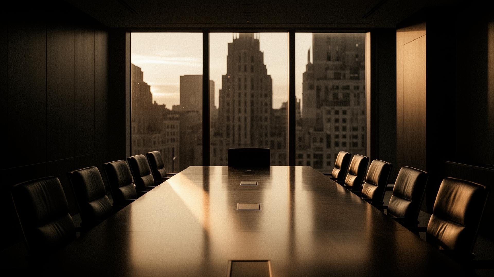 Empty boardroom at dusk with golden light raking across a long polished table.