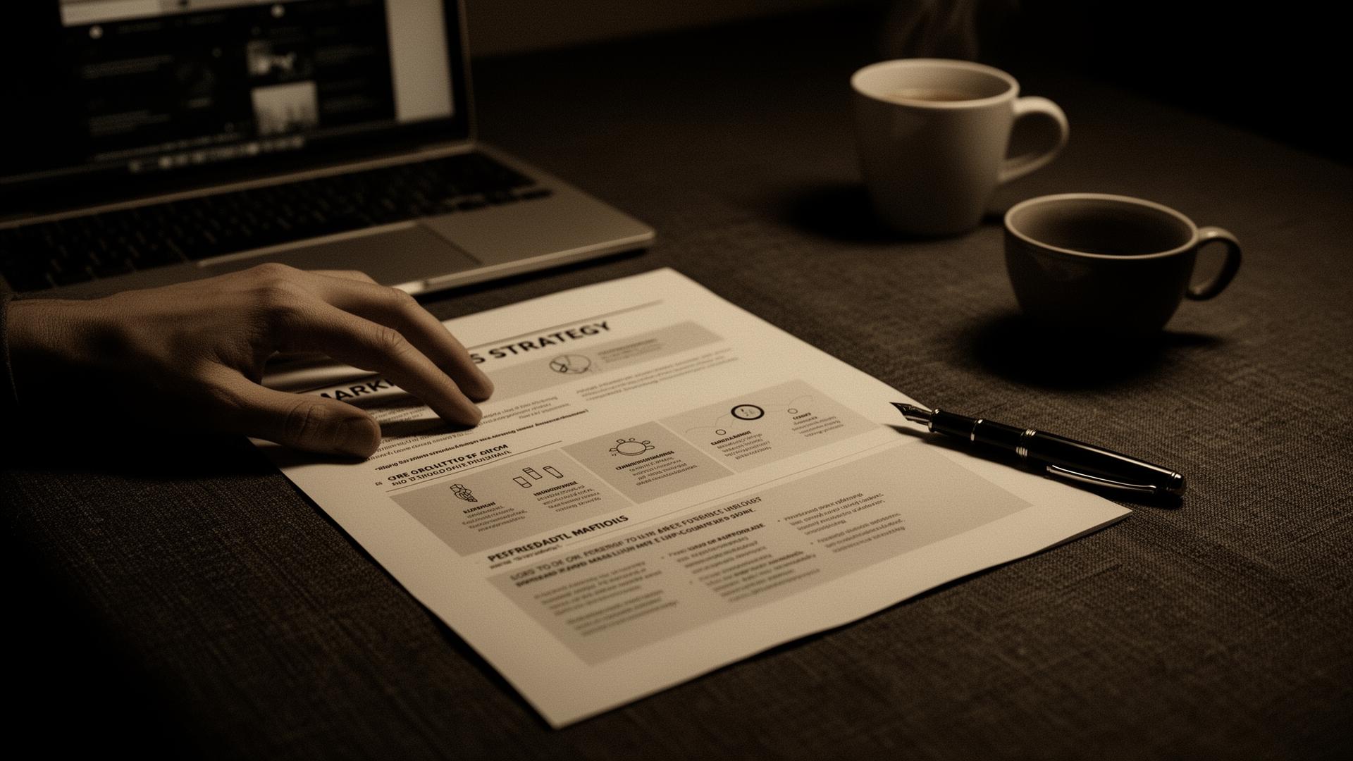 Hand reviewing a printed marketing strategy plan beside a laptop in warm tungsten light.