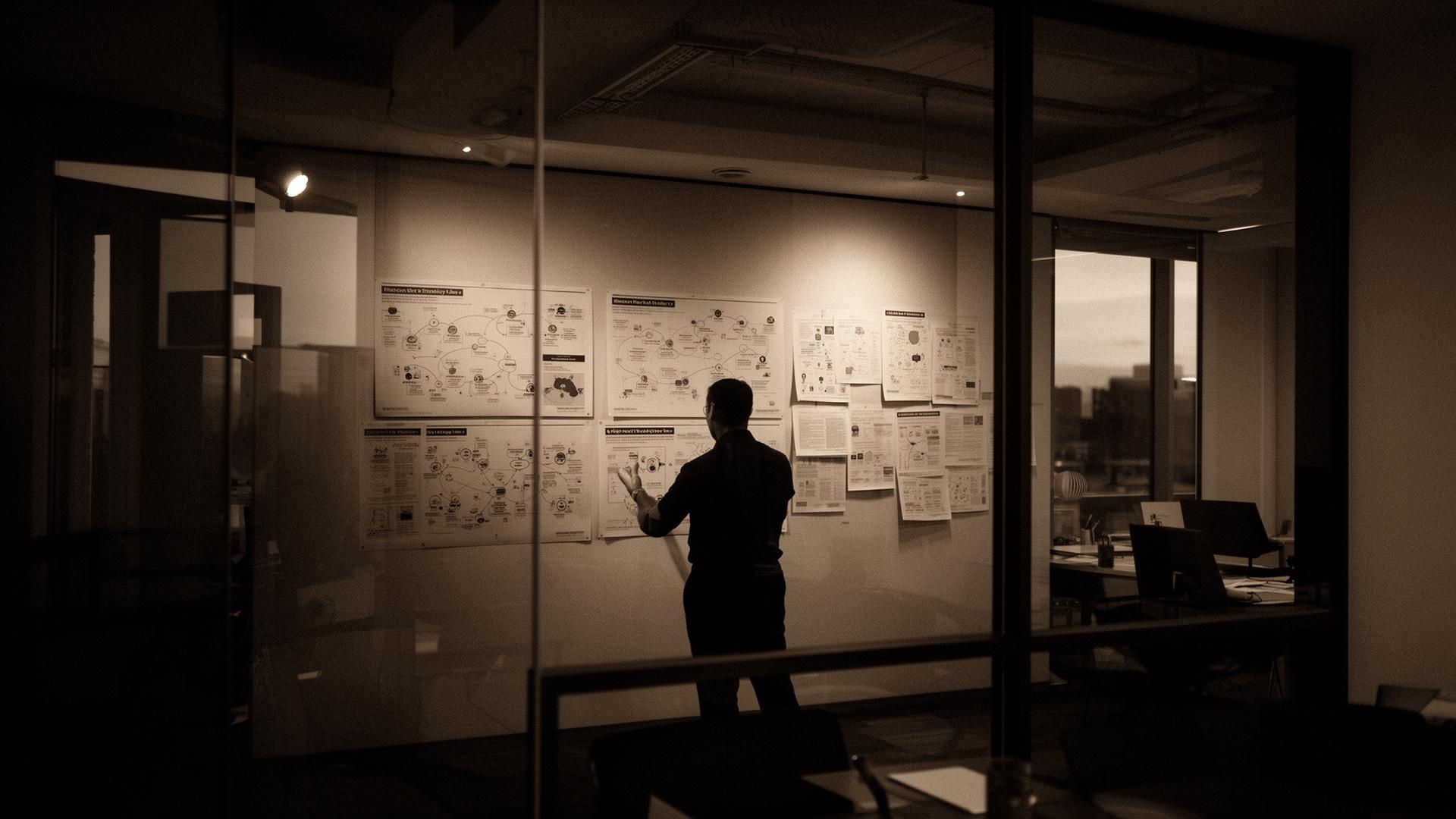 Silhouetted figure studying a wall of pinned strategy maps inside a modern office at dusk.