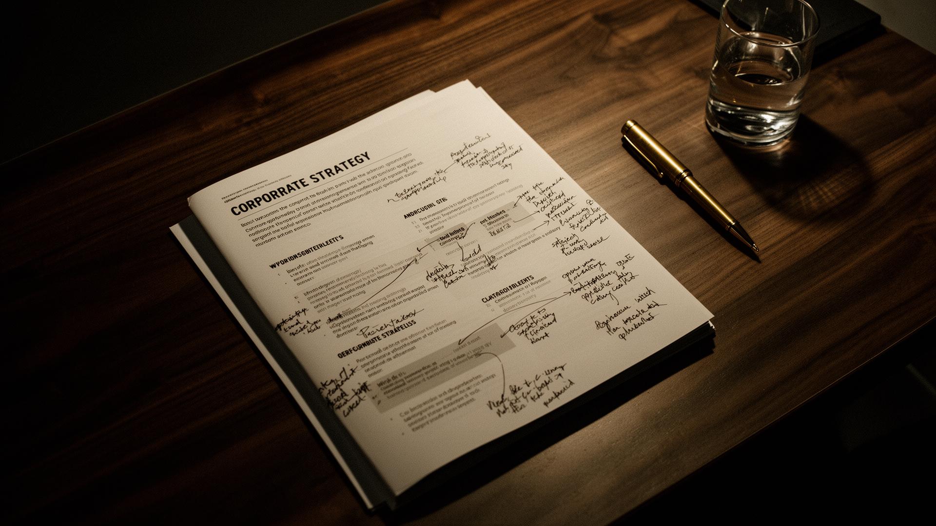 Annotated corporate strategy report on a walnut desk with a brass pen and glass of water.